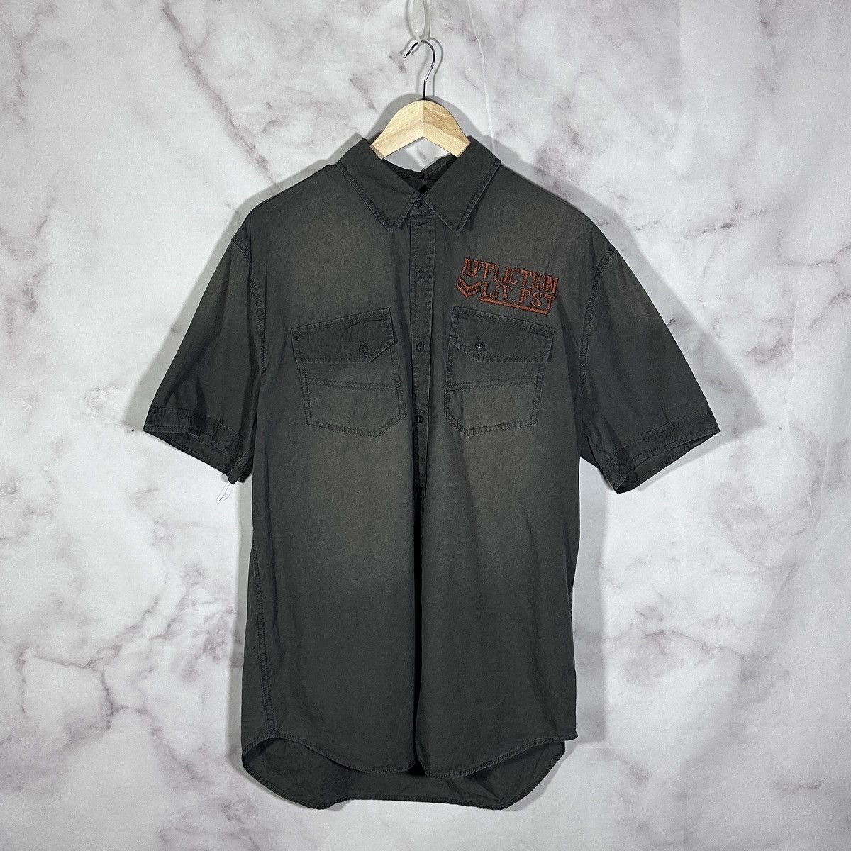 Affliction Live Fast Sun Faded Grey Short Sleeve Button-Up Size US L / EU 52-54 / 3 - 1 Thumbnail