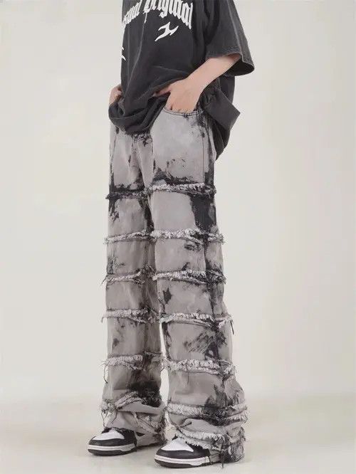 Jean Striped Tassel Frayed Straight Baggy Jeans Size US 32 / EU 48 - 2 Thumbnail