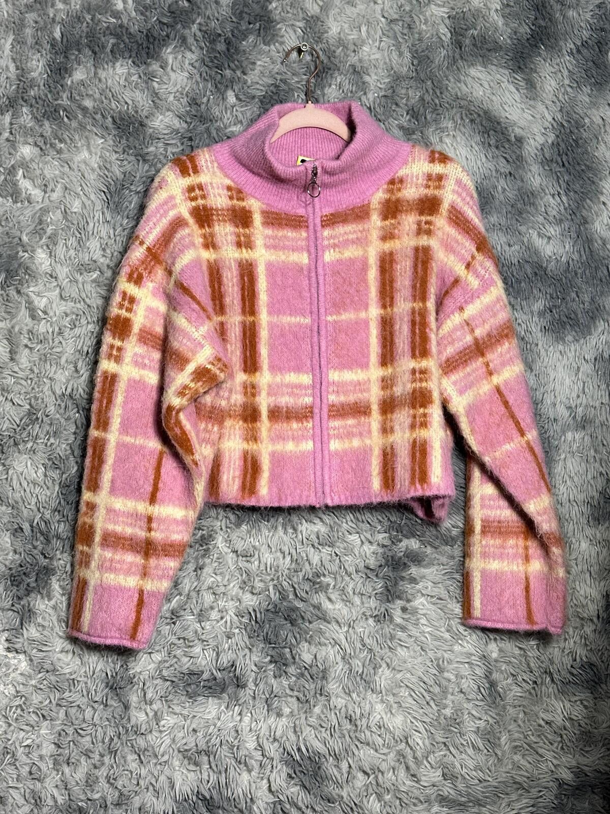 Unknown London Pink and Brown Plaid Zip-Up Cropped Sweater Size S / US 4 / IT 40 - 1 Thumbnail