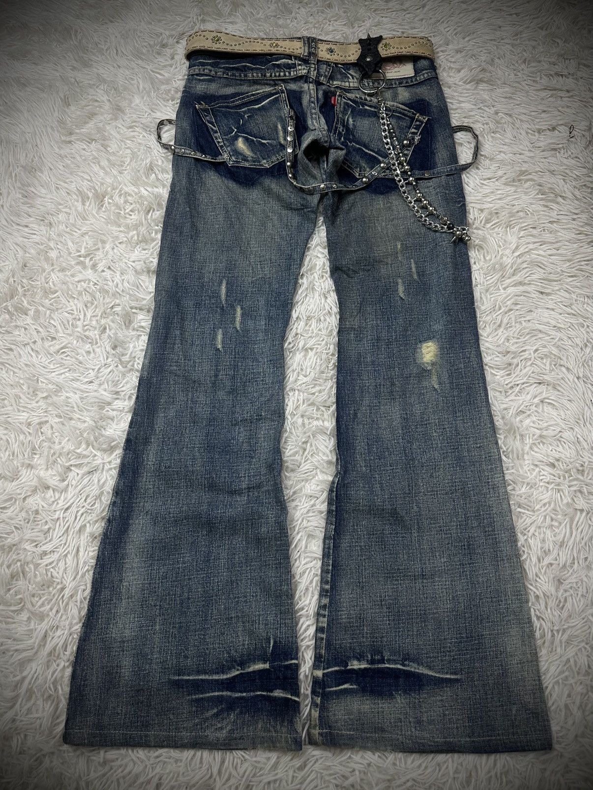 If Six Was Nine rare 2000s tornado mart straps studded flared denim jeans Size US 31 - 8 Thumbnail