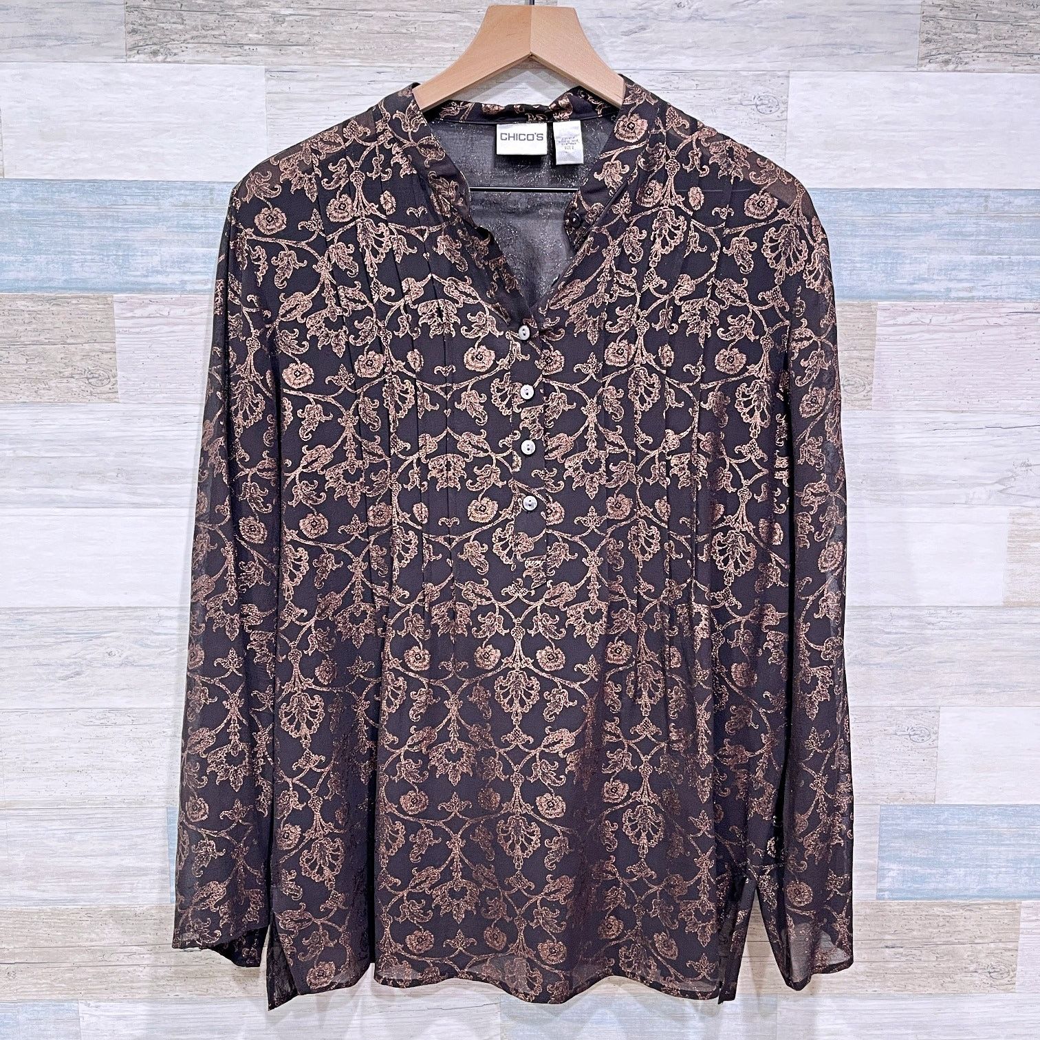 Chicos Chicos Silk Foil Floral Print Blouse Brown Sheer Paisley 2 Size L / US 10 / IT 46 - 1 Thumbnail