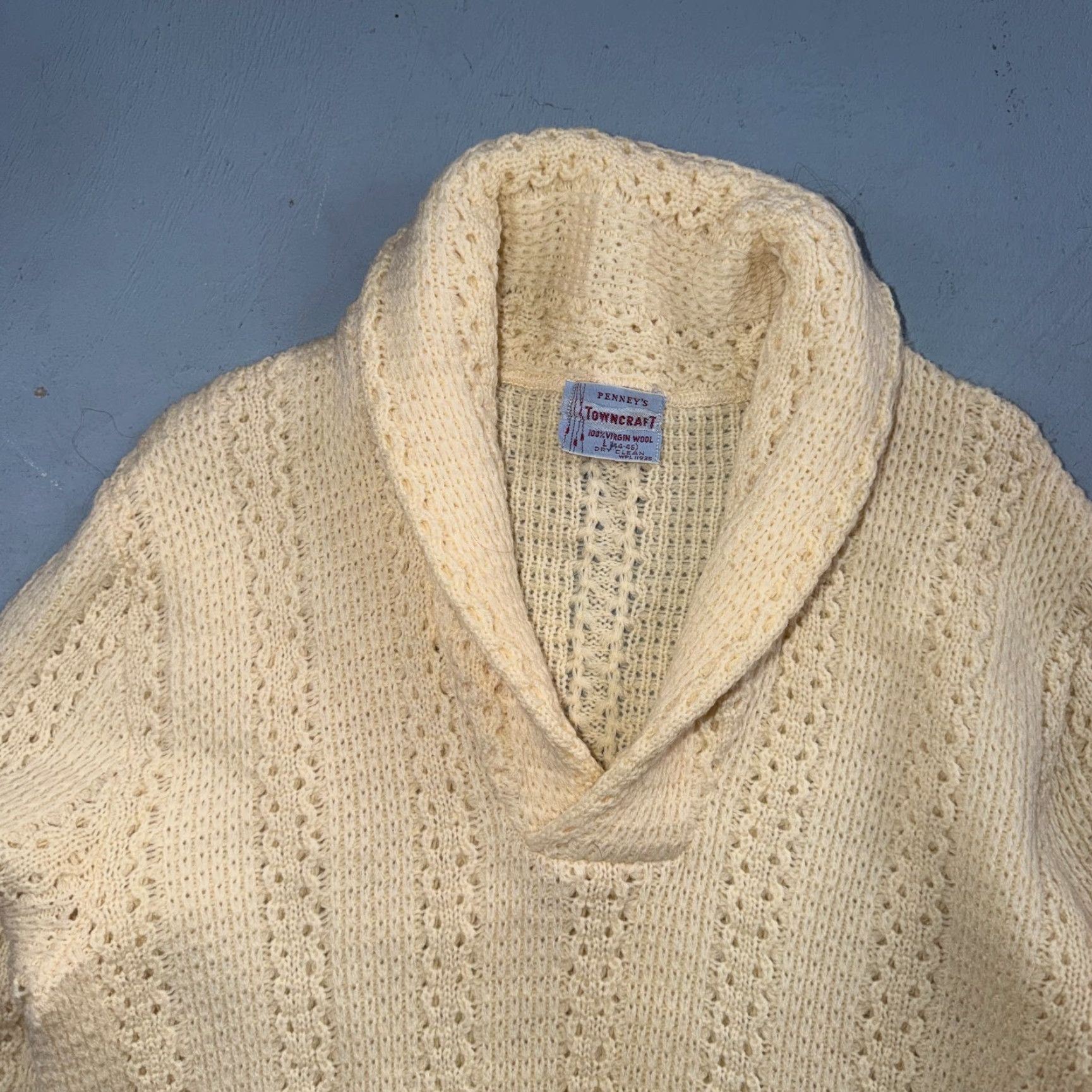 JCPenney Penneys Sweater Mens L Cream Wool Knit Shawl Collar Fisherman Heritage Rockabilly 1950s Size US L / EU 52-54 / 3 - 2 Thumbnail