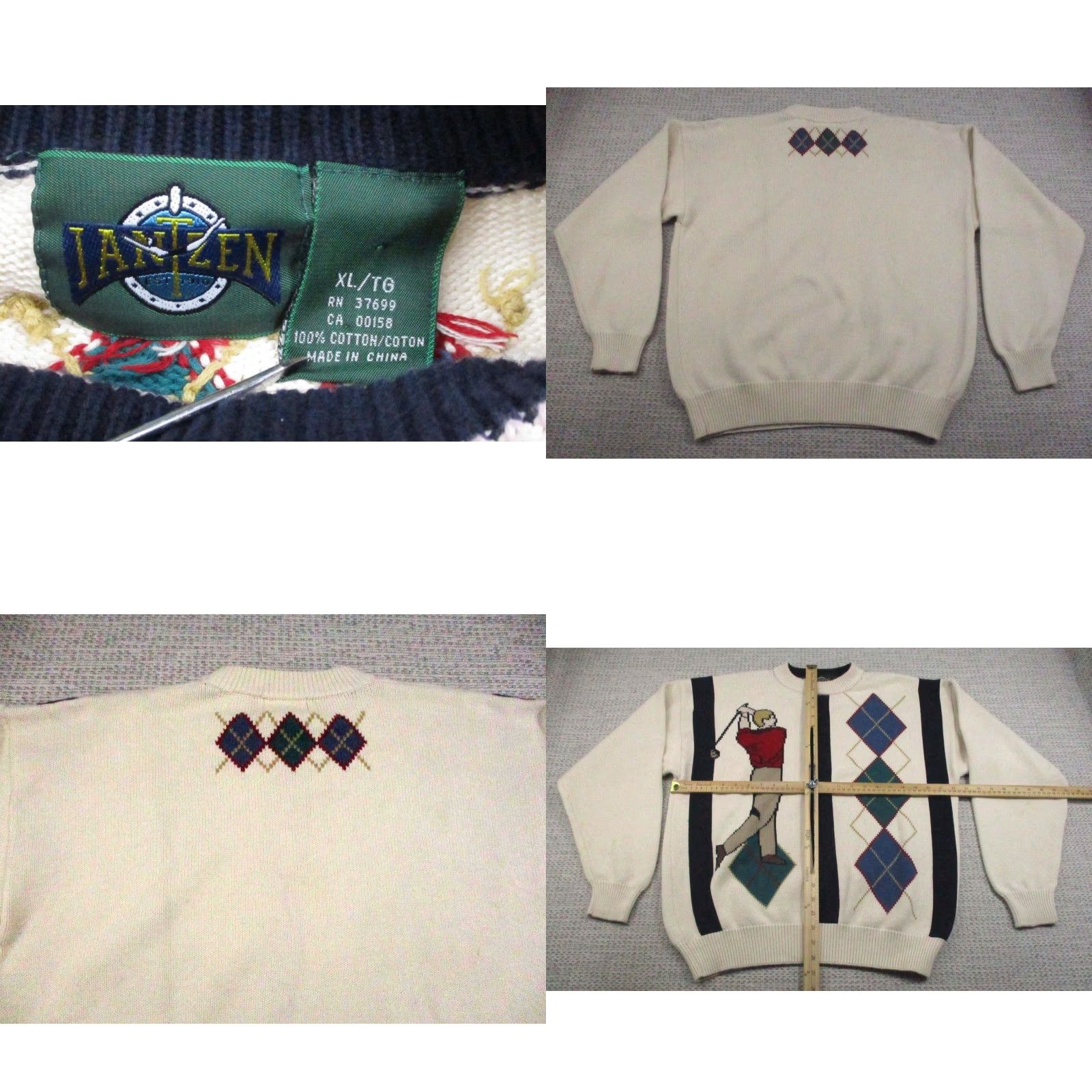 Jantzen VINTAGE Jantzen Sweater Mens XL Golf Argyle Cream Knit 100% Cotton 90s Size US XL / EU 56 / 4 - 8 Thumbnail