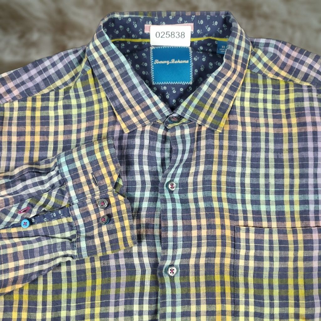 Tommy Bahama Tommy Bahama Shirt Mens XL Blue Yellow Check Linen Button Up Long Sleeve Size US XL / EU 56 / 4 - 1 Thumbnail