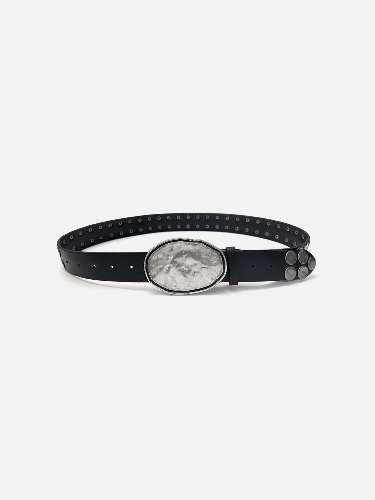 Japanese Brand Leather Stud Belt with Hammered Metal Buckle Size ONE SIZE - 3 Thumbnail