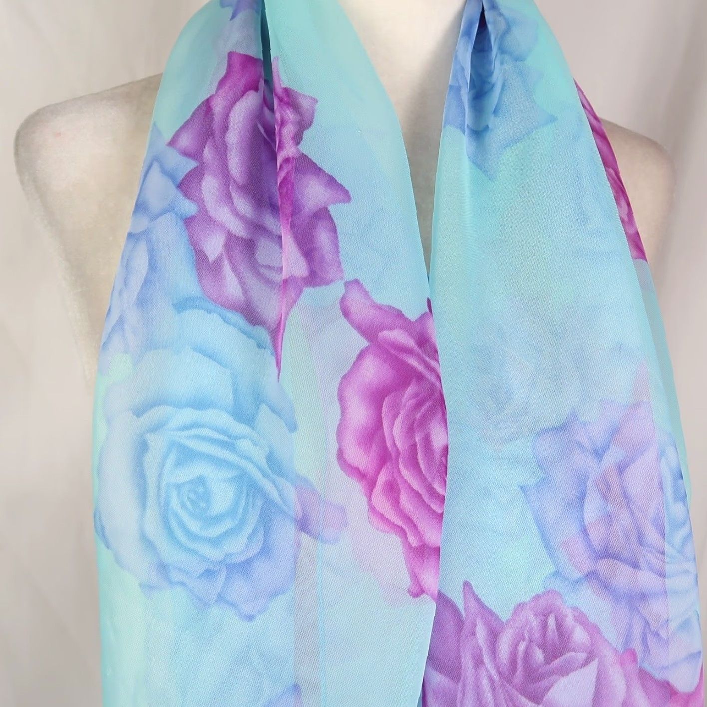 Vintage VINTAGE Scarf Rectangle Scarf Floral Rose Print Y2K Light Blue Purple Bohemian 90s Women Girls (as applicable) Size ONE SIZE - 3 Thumbnail
