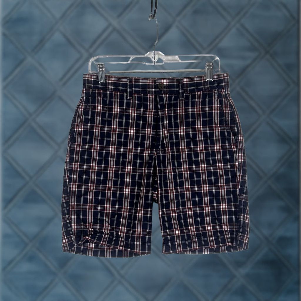 J.Crew J.CREW Chino Shorts Mens 29W Blue Plaid Flat Front Bermuda Casual Modern 9in Inseam Size US 29 - 1 Thumbnail