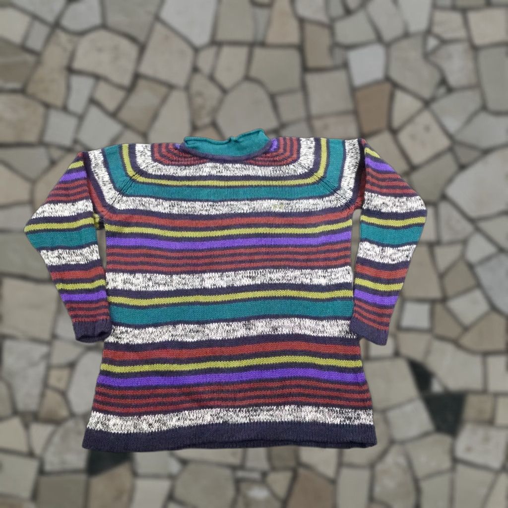 VINTAGE Hang Ten Sweater Womens Medium Multicolor Knit Raglan Sleeve Mock Neck Pullover 90s Surf Beach Casual