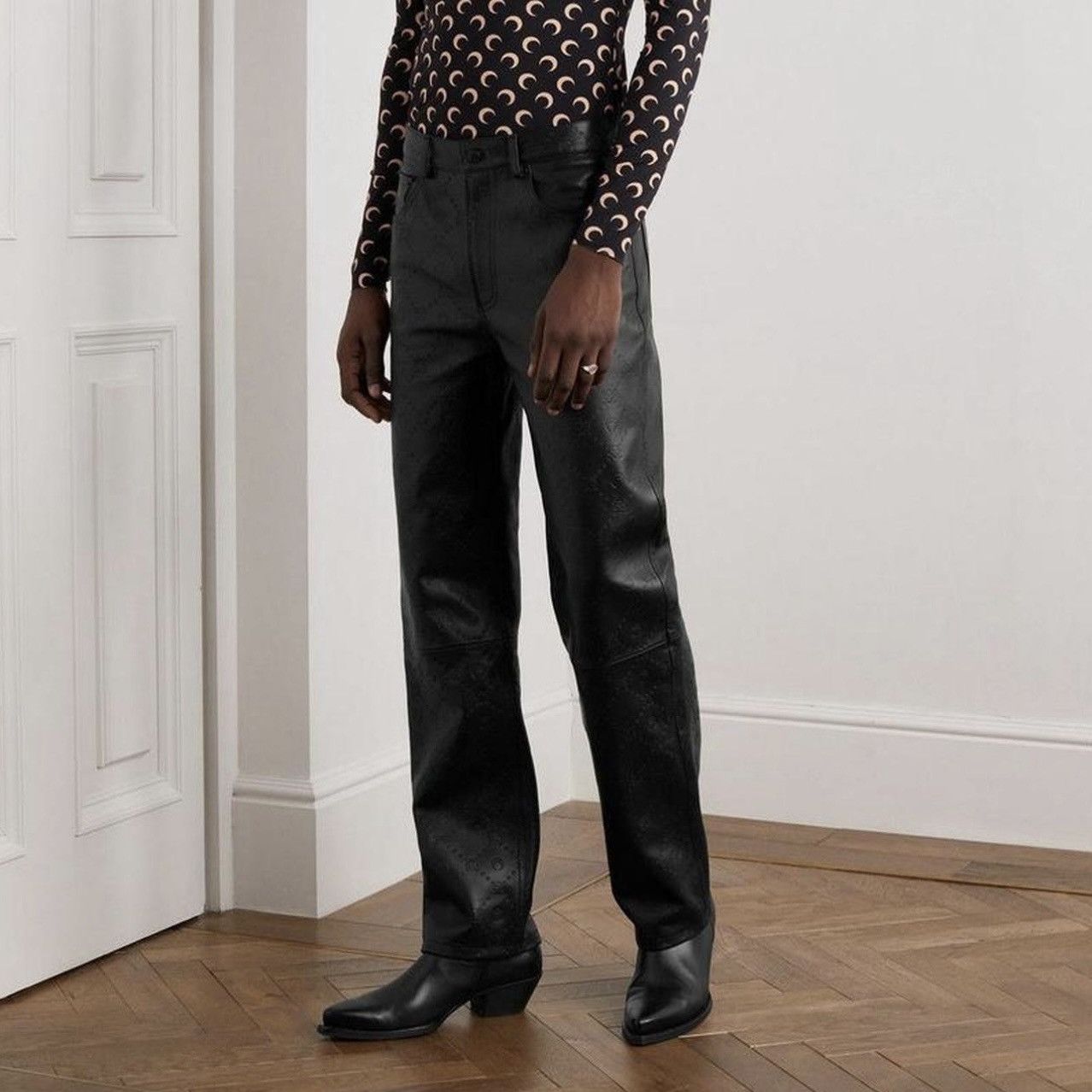 Marine Serre Marine Serre Black Straight-Leg Leather Trousers – Size L Size US 36 / EU 52 - 4 Thumbnail