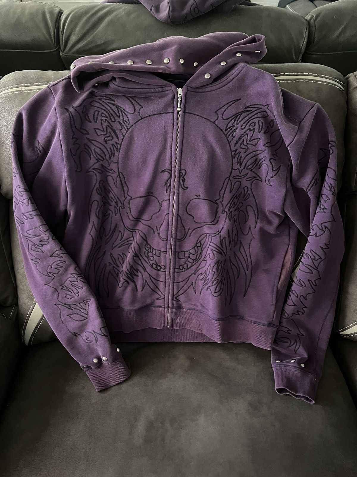 image of Revenge Tribal Studded Skull Hoodie in Purple, Men's (Size Small)