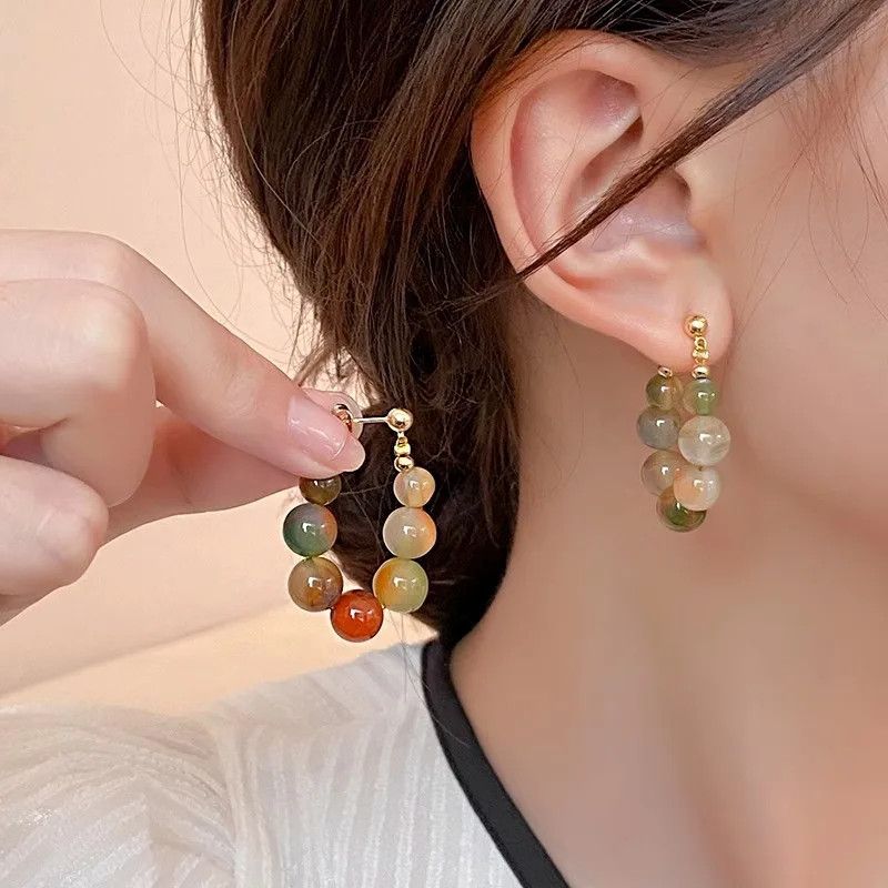 Other Retro Irregular Snoop Texture Stone Beaded Hoop Earrings Size ONE SIZE - 2 Thumbnail