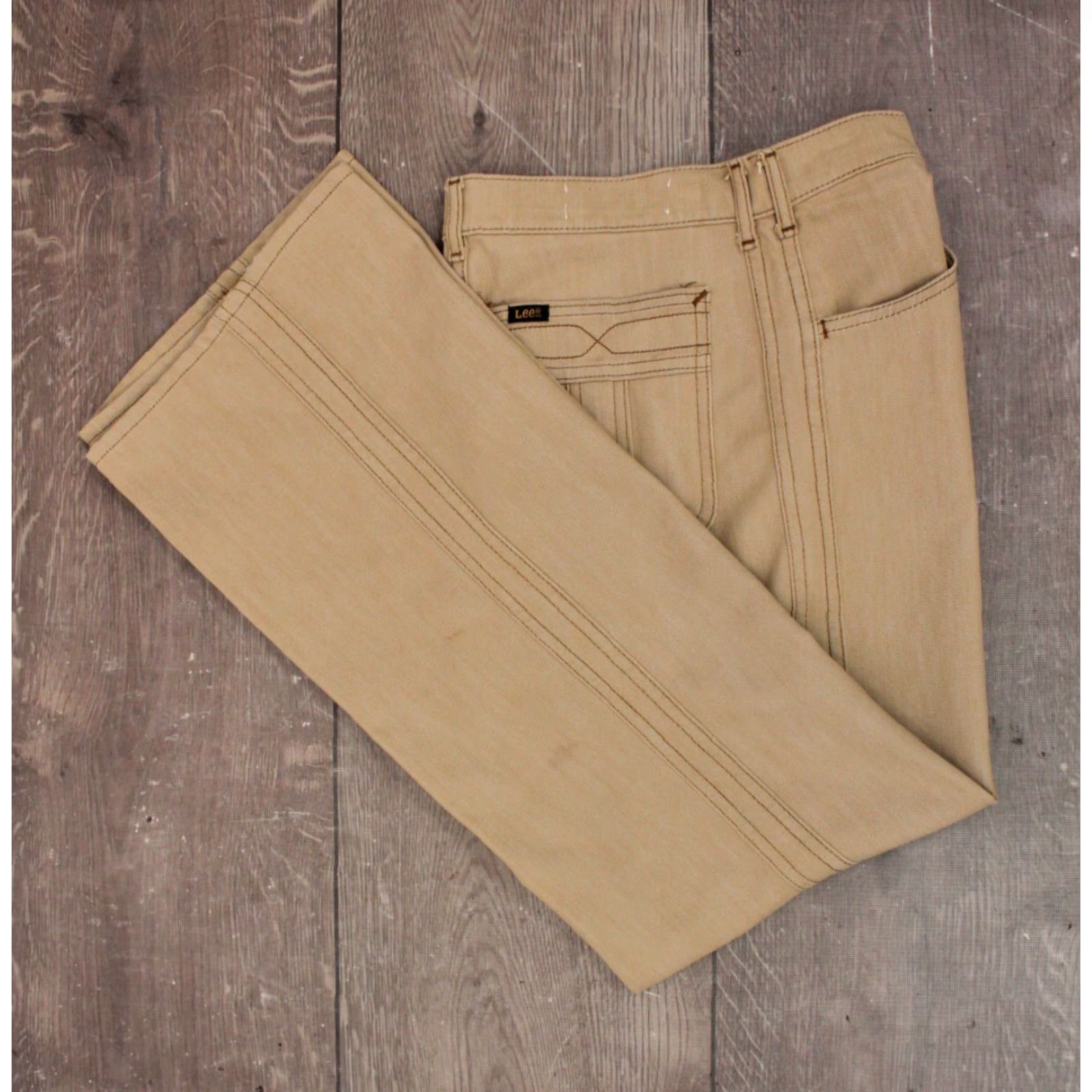 Lee VINTAGE Lee Pants 70s Khaki Beige 30x28.5 Mens Disco Flared Pants 1970s Regular Cotton Blend 38" Length Size US 30 / EU 46 - 2 Thumbnail
