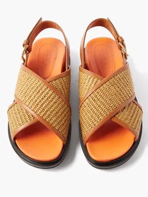 Marni o1s22i1n0525 Leather & Raffia Fussbett Sandals in Brown Size US 6 / IT 36 - 6 Thumbnail