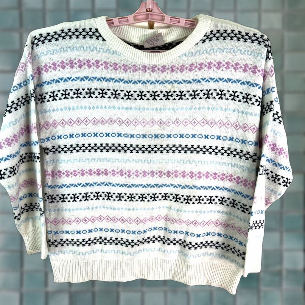 Vintage VINTAGE Michael Stossel Sweater Shirt Womens M White Geometric Knit 100% Wool 1960s-70s Designer Pullover Size M / US 6-8 / IT 42-44 - 1 Thumbnail