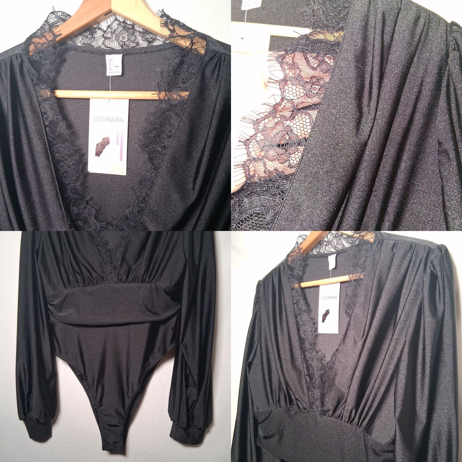 Vintage WDIRARA Bodysuit Women L Black Long Sleeve V-Neck Lace Trim Stretch NEW Size L / US 10 / IT 46 - 8 Thumbnail