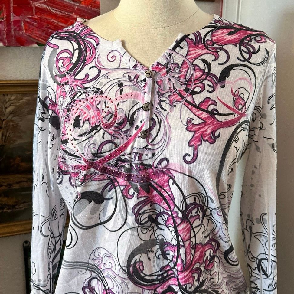 Style & Co style&co flourish pink white black long sleeve shirt Size L / US 10 / IT 46 - 2 Thumbnail