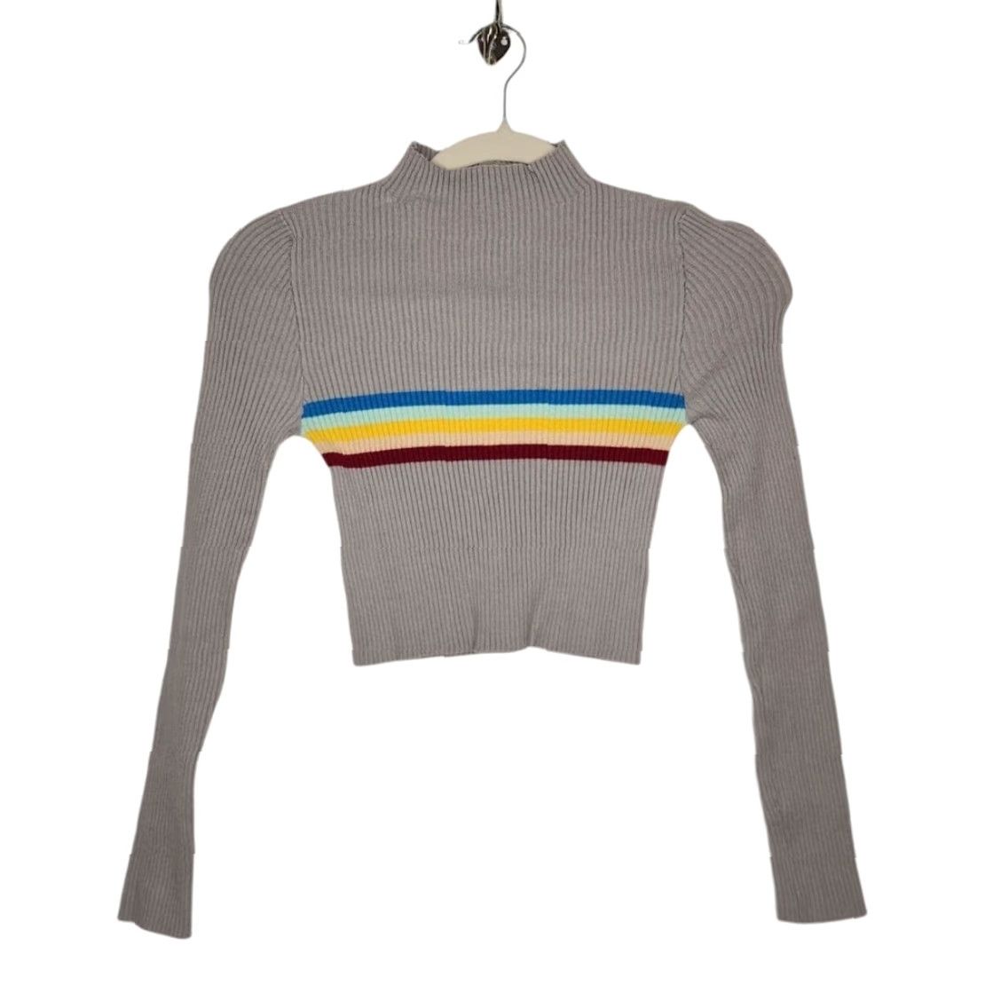 Rainbow VINTAGE Ethos Shirt Womens M Gray y2k Ribbed Cropped Rainbow Mock Neck Long Sleeve Size M / US 6-8 / IT 42-44 - 2 Thumbnail