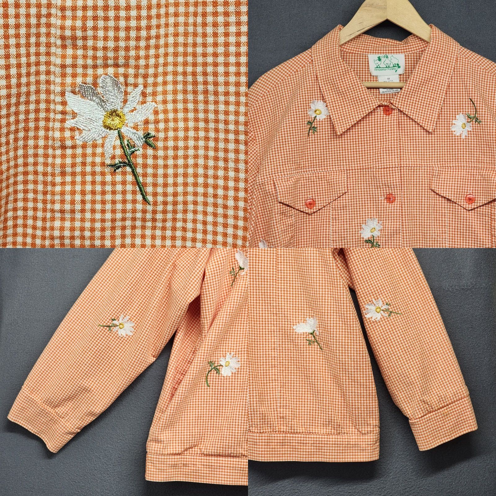 Quacker Factory VINTAGE The Quacker Factory Top Womens 1X Orange Check Floral Embroidered Country Cottage Long Sleeve Button Up Womens Size XL / US 12-14 / IT 48-50 - 8 Thumbnail