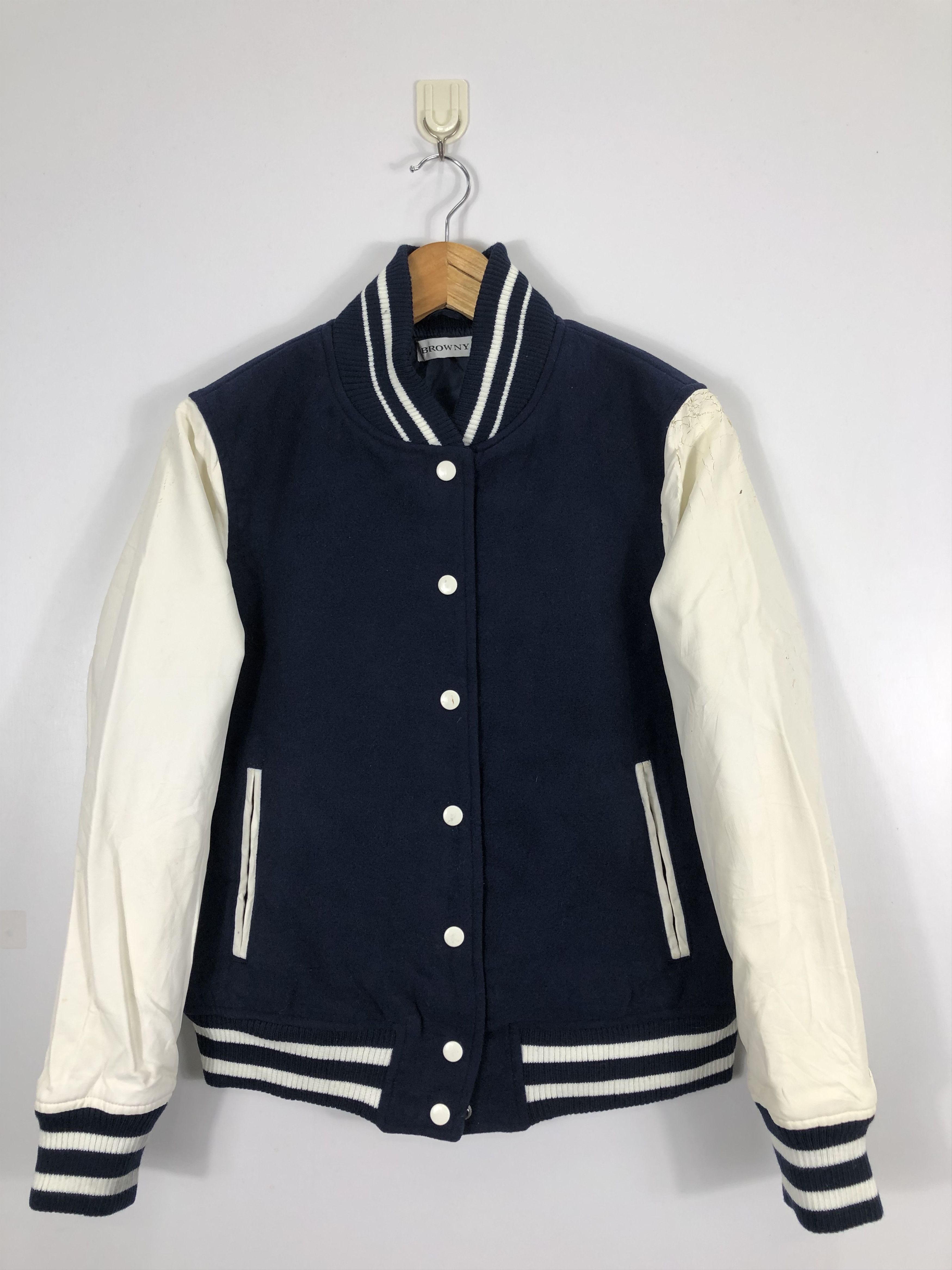image of Vintage Browny Sleeve Leather Varsity Jacket in Dark Blue, Men's (Size Medium)