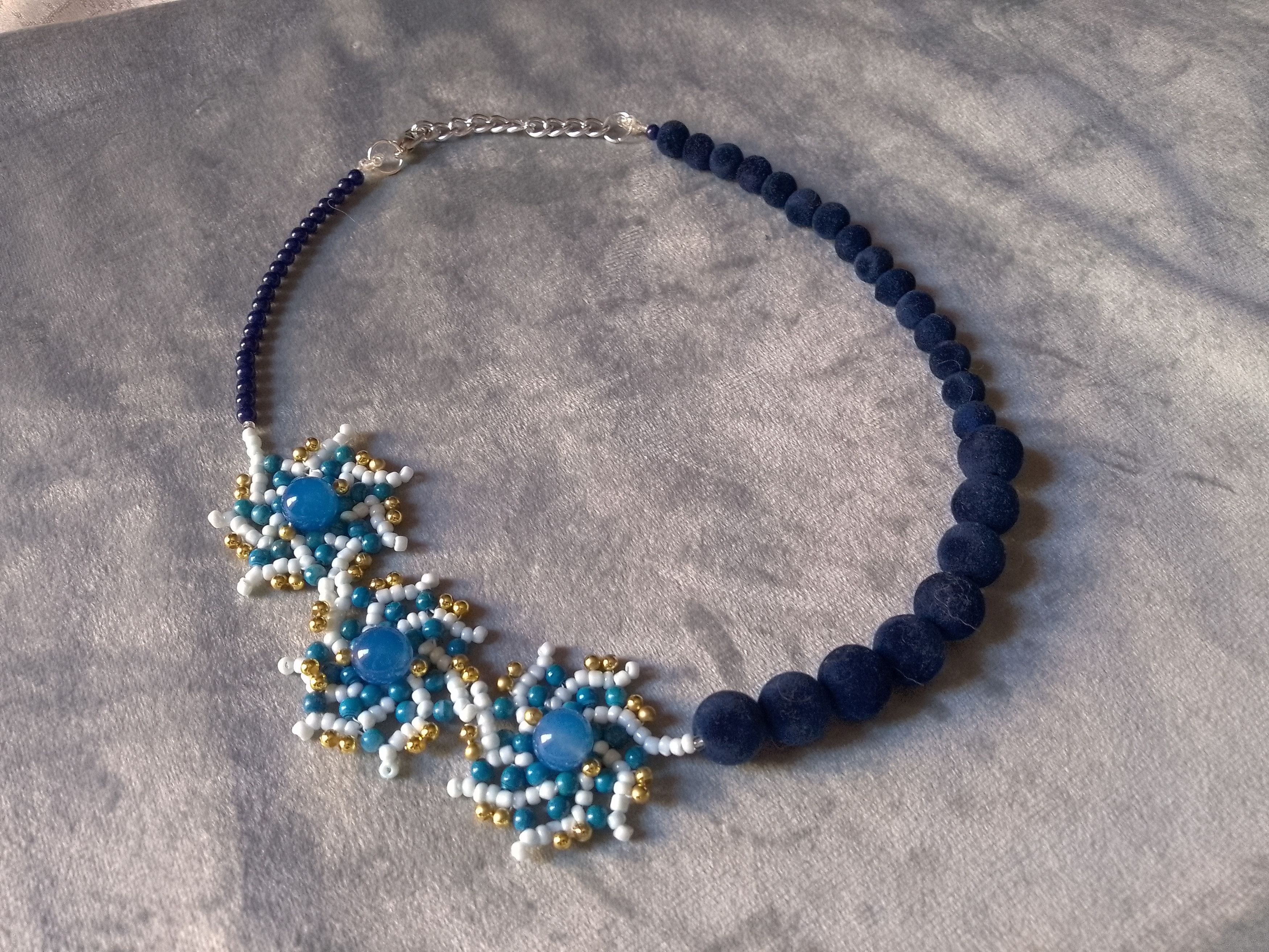 Handmade Glamour Necklace Blue Agate stones +Velvet dark Blue Pearls Size ONE SIZE - 4 Thumbnail