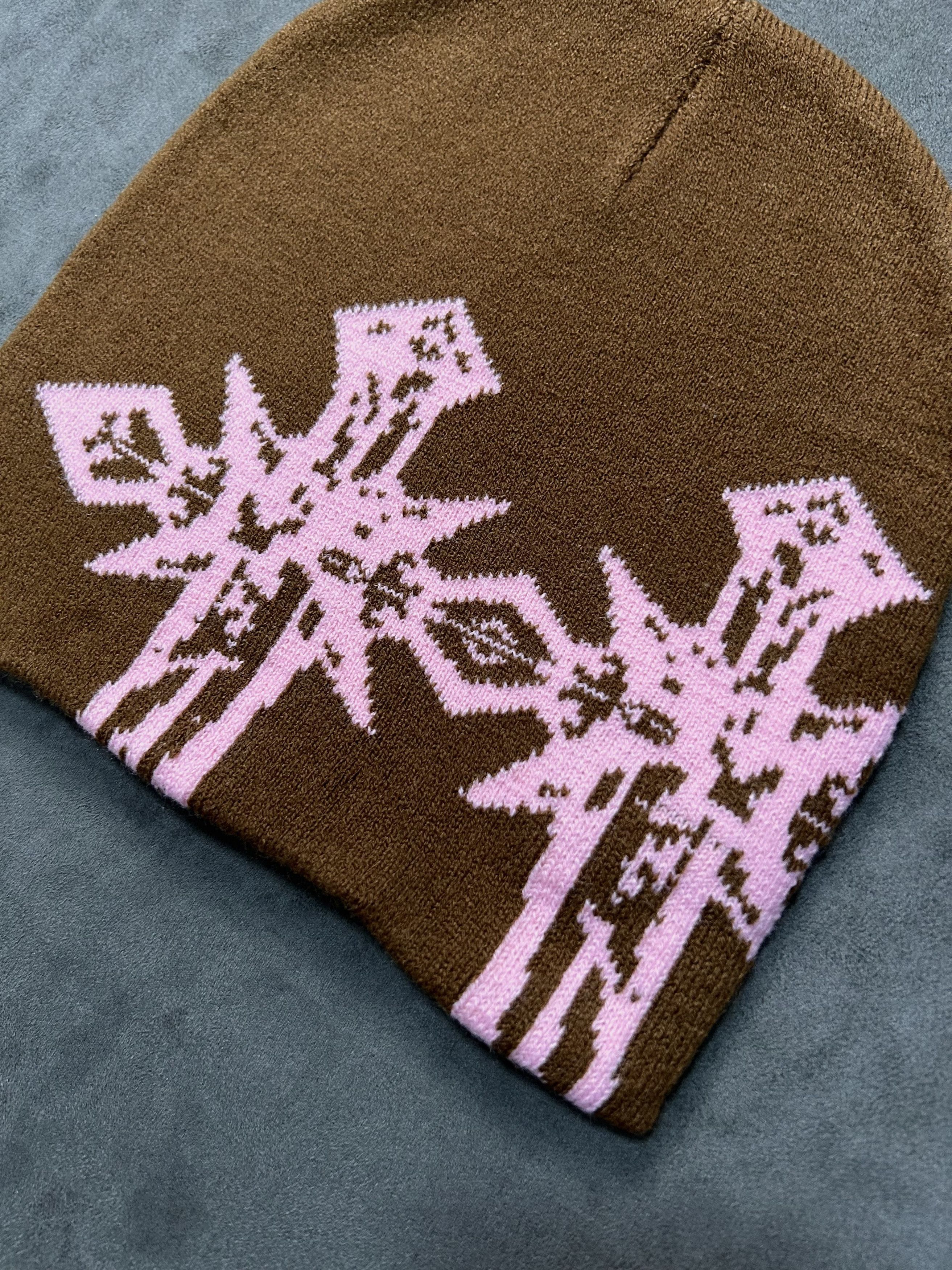 Japanese Brand Rare Double Crosses Graphic No Cuff Knit Beanie Brown Hat OS Size ONE SIZE - 2 Thumbnail