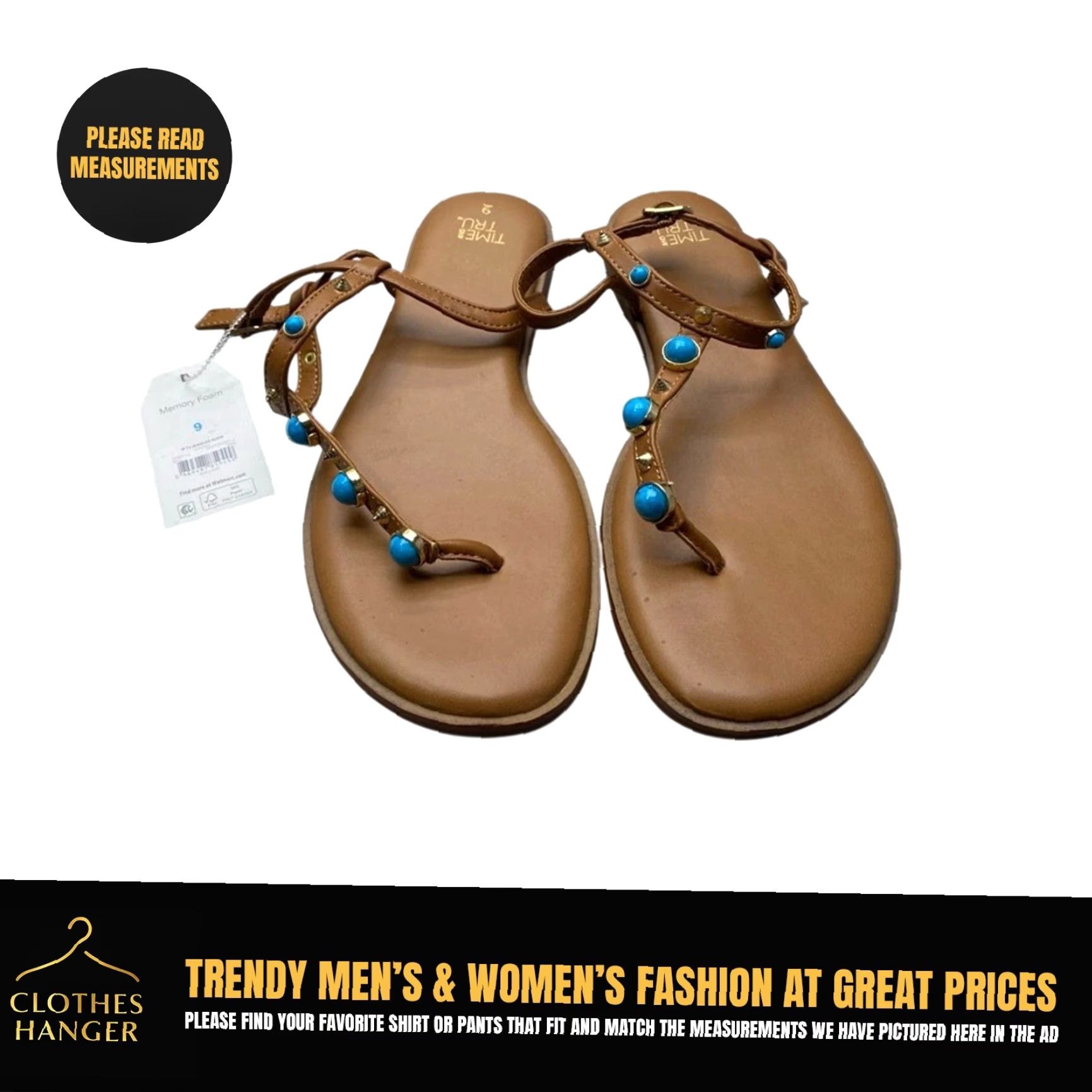 Vintage Time And Tru Sandals Sz 9 Jeweled T-Strap Faux Turquoise Stones Studs Brown Size US 9 / IT 39 - 2 Thumbnail