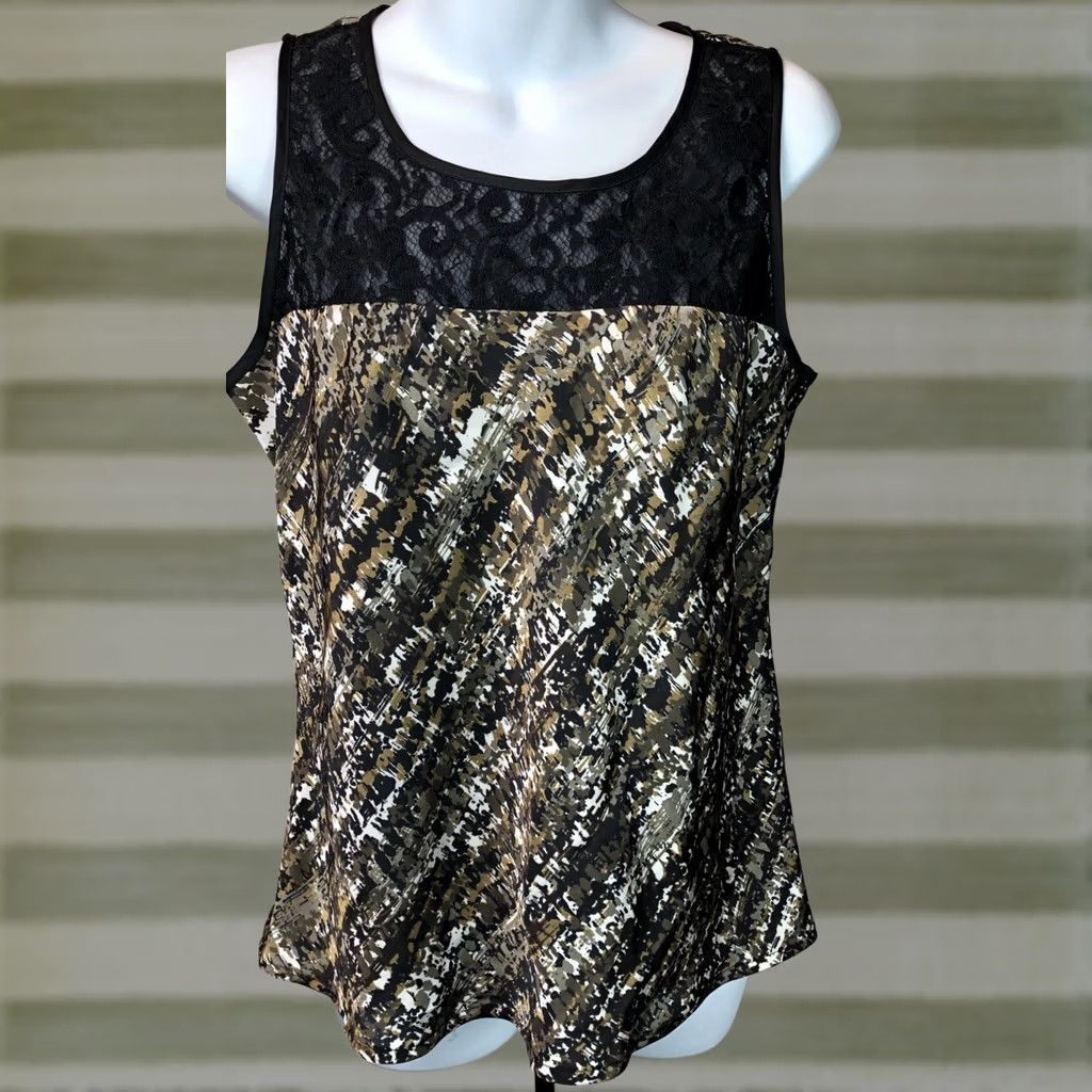 Vintage VINTAGE Rafaella Satin Sleeveless Top Brown/Blk Lace Neck Scoop M Geometric 90s Artsy Bohemian Glam Womens Shirt Blouse Camisole Ladies Size M / US 6-8 / IT 42-44 - 1 Thumbnail
