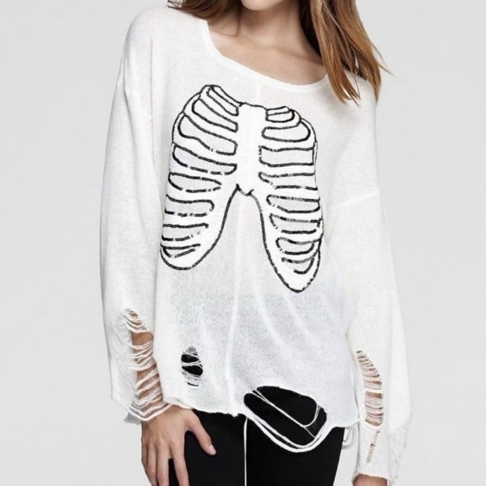 Wildfox Wildfox White Label Skeleton Sequin Distressed Knit Sweater Size S / US 4 / IT 40 - 1 Thumbnail