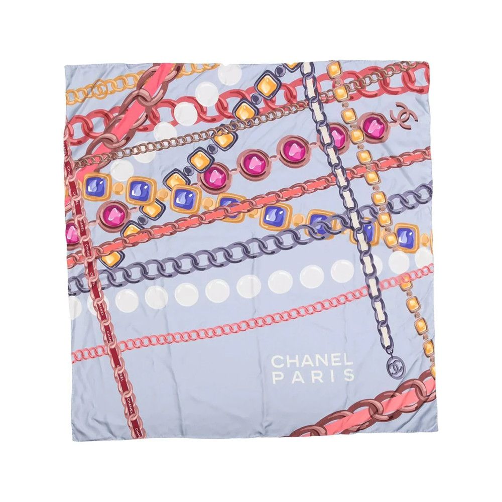 image of Chanel Light Blue Chain Motif Silk Scarf, Women's