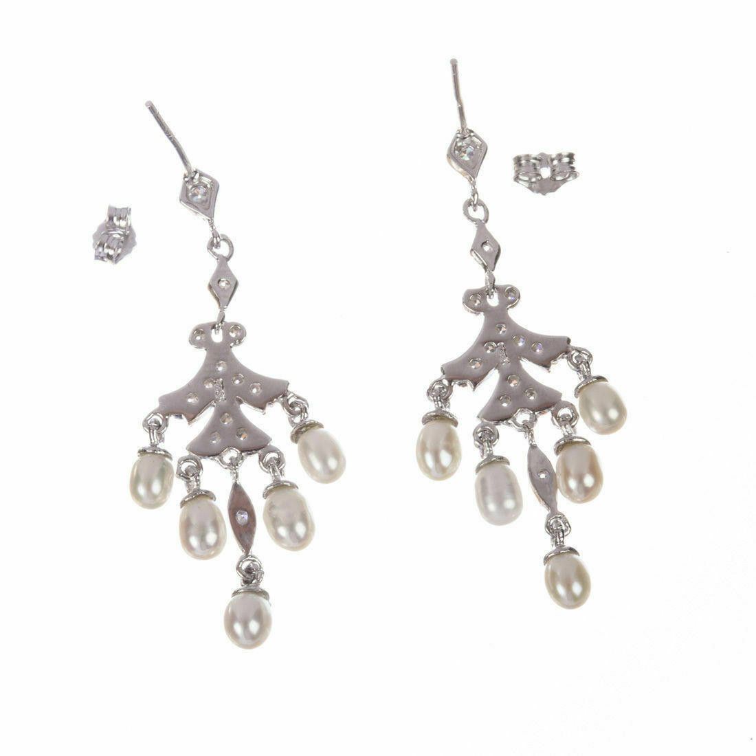 Designer Sterling Silver Cubic Zirconia and Pearl Chandelier Earrings Size ONE SIZE - 3 Thumbnail