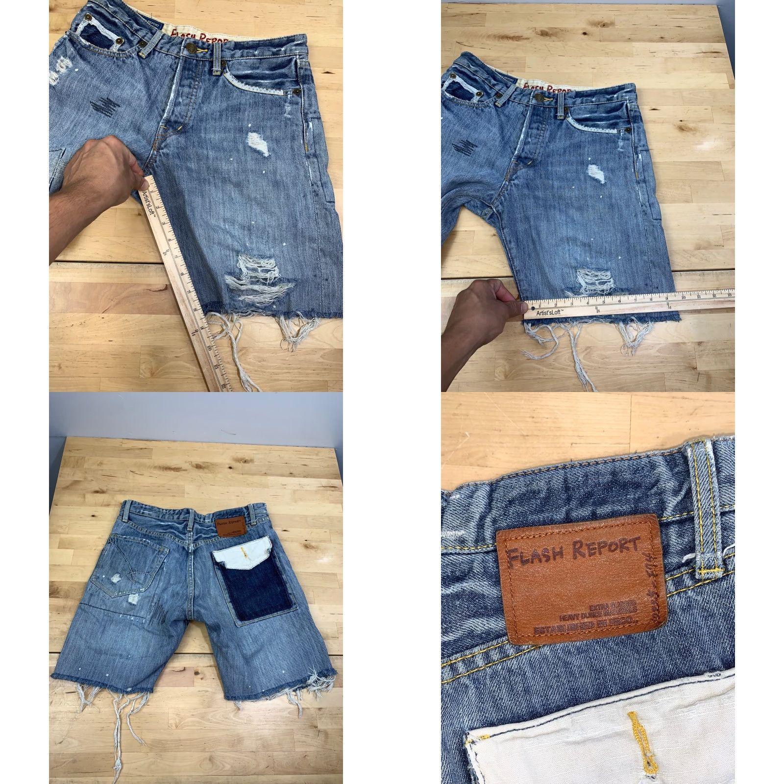 Denime Flash Report Denim Shorts Mens M Blue 5-Pocket Design Distressed Pockets Jorts Japanese Streetwear 12091 Size US 31 - 8 Thumbnail