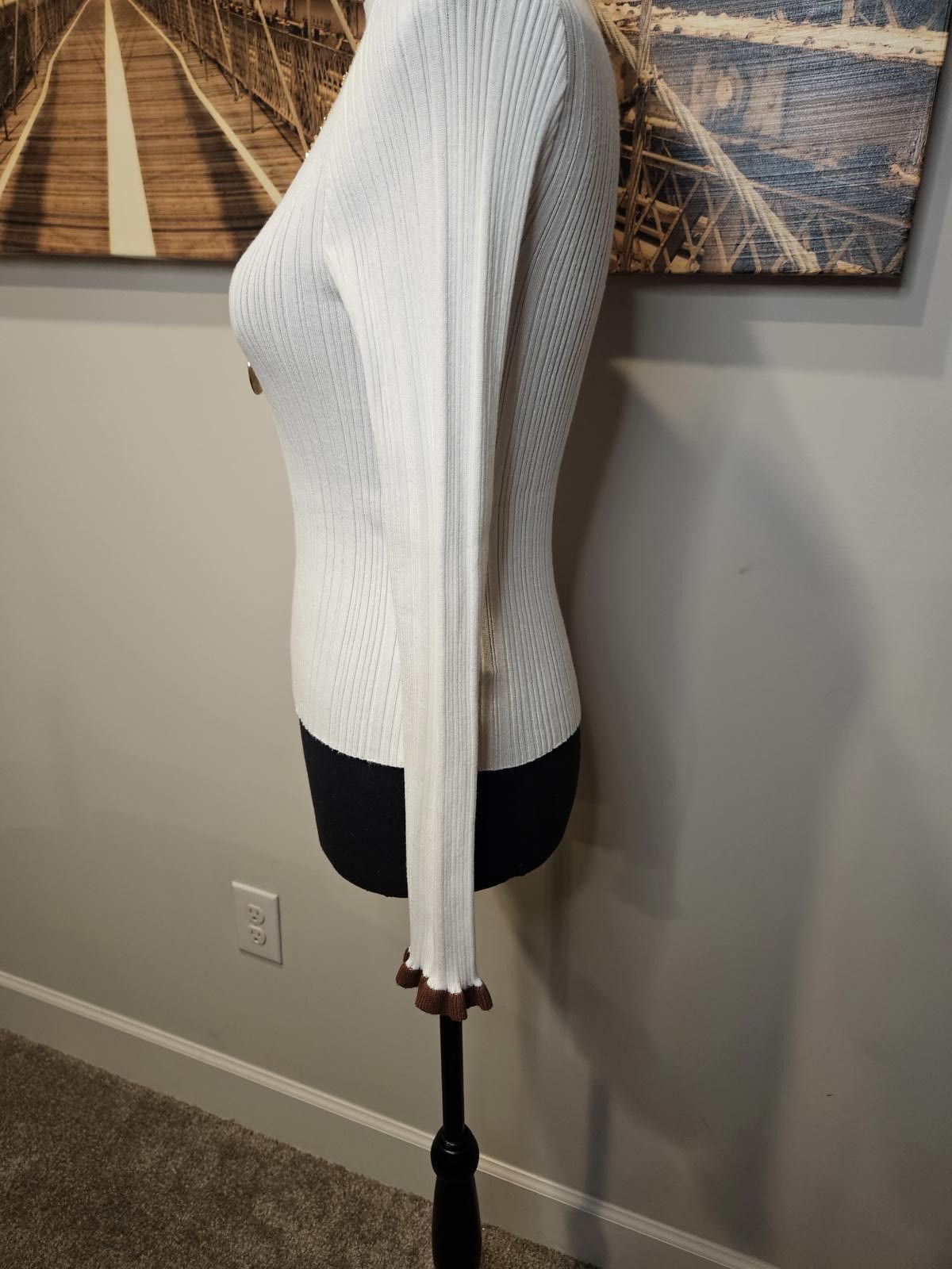 Designer Molly Green White Ribbed Sweater with Brown Accents Size XS / US 0-2 / IT 36-38 - 2 Thumbnail