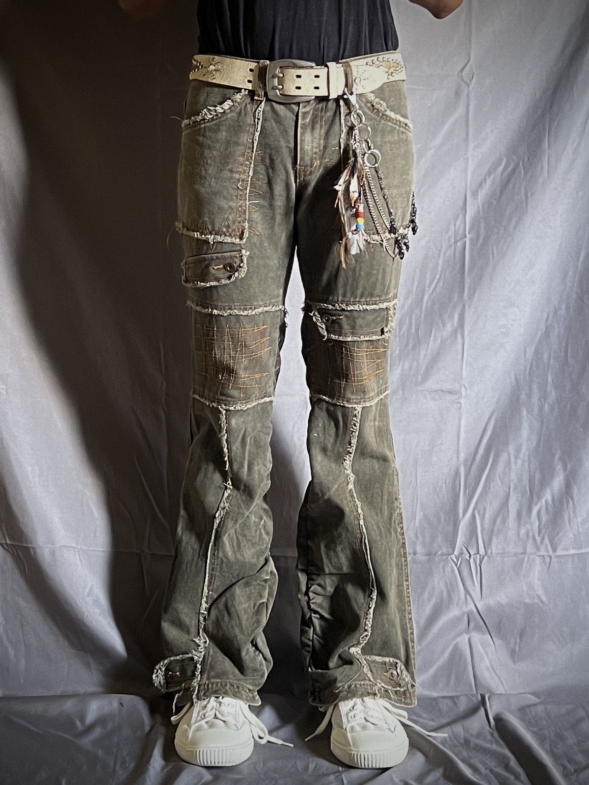 Japanese Brand Algonquins Visual Kei Mohawk Skeleton Distressed Flare Jeans Size US 31 - 2 Thumbnail