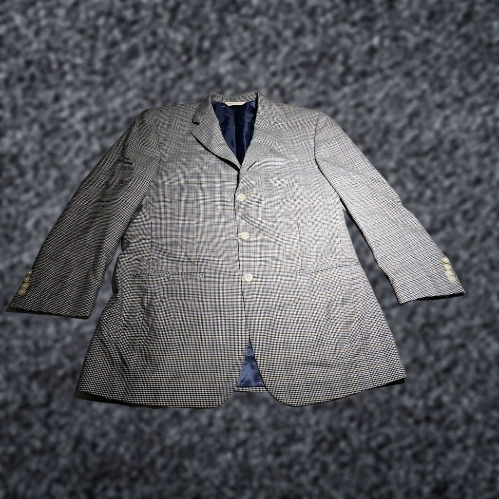 Vintage Samuelsohn Blazer 44 Tan Brown Houndstooth Blue Windowpane Wool Sport Coat Jacket - Three Button Notch Lapel Regular Fit Mens BLAZER Size 44R - 1 Thumbnail