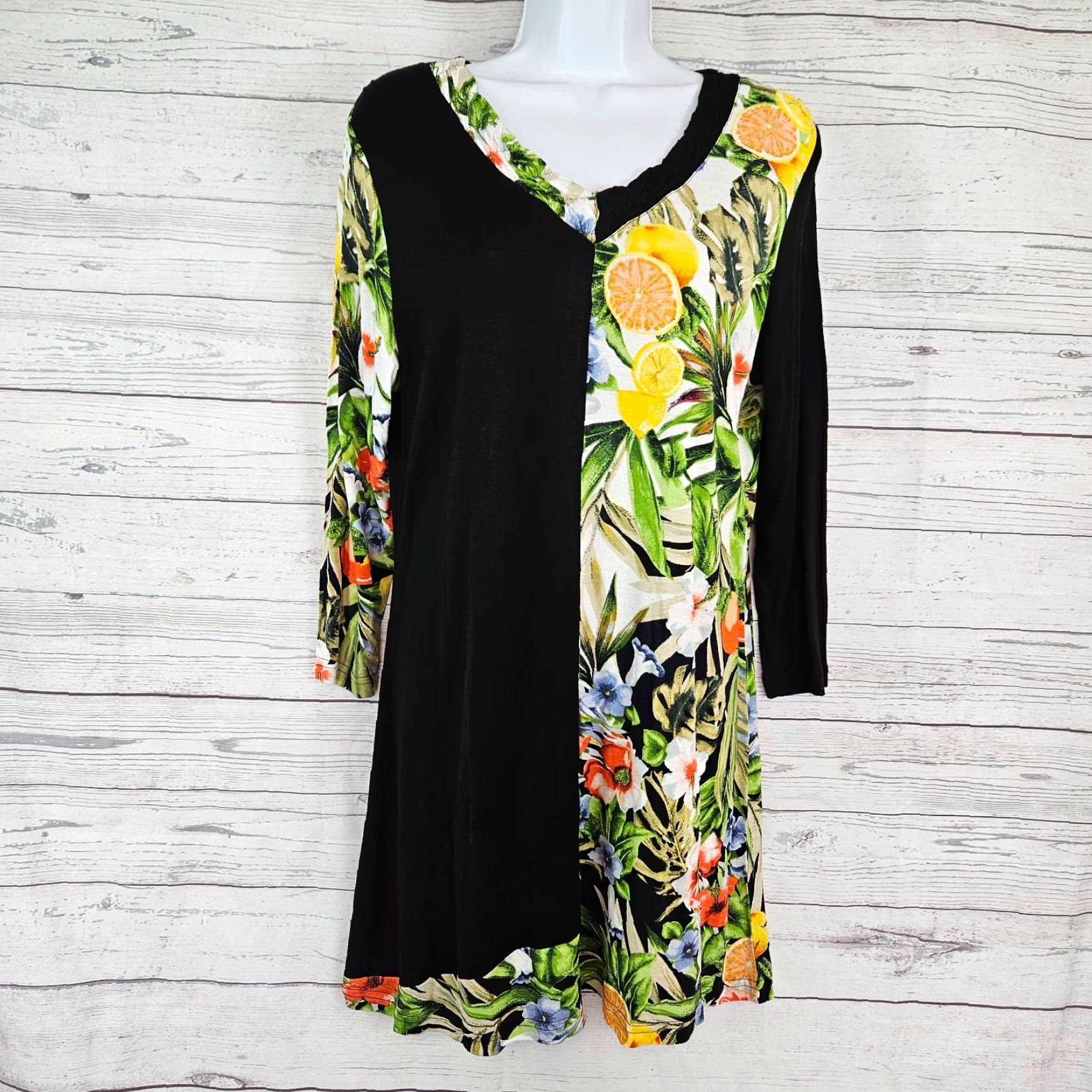 Vintage Parsley & Sage Womens Blouse Tunic 3/4 Sleeve V-Neck Floral Black Yellow Sz M Size M / US 6-8 / IT 42-44 - 2 Thumbnail