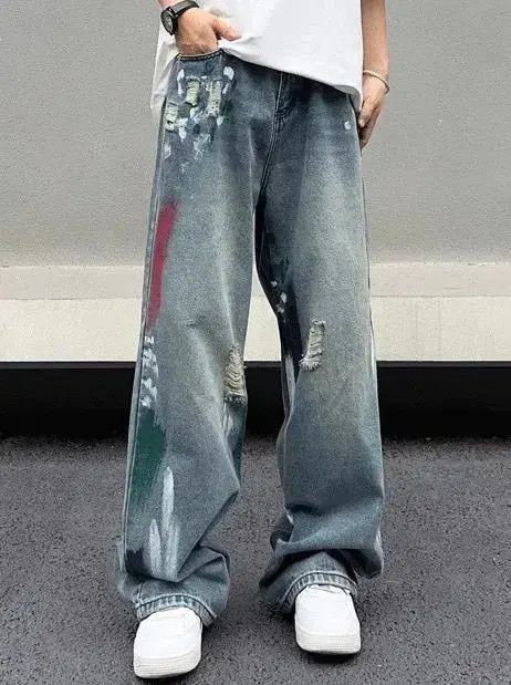Other Stylish Splash Ink Blue Distressed Baggy Jeans Size US 27 - 2 Thumbnail