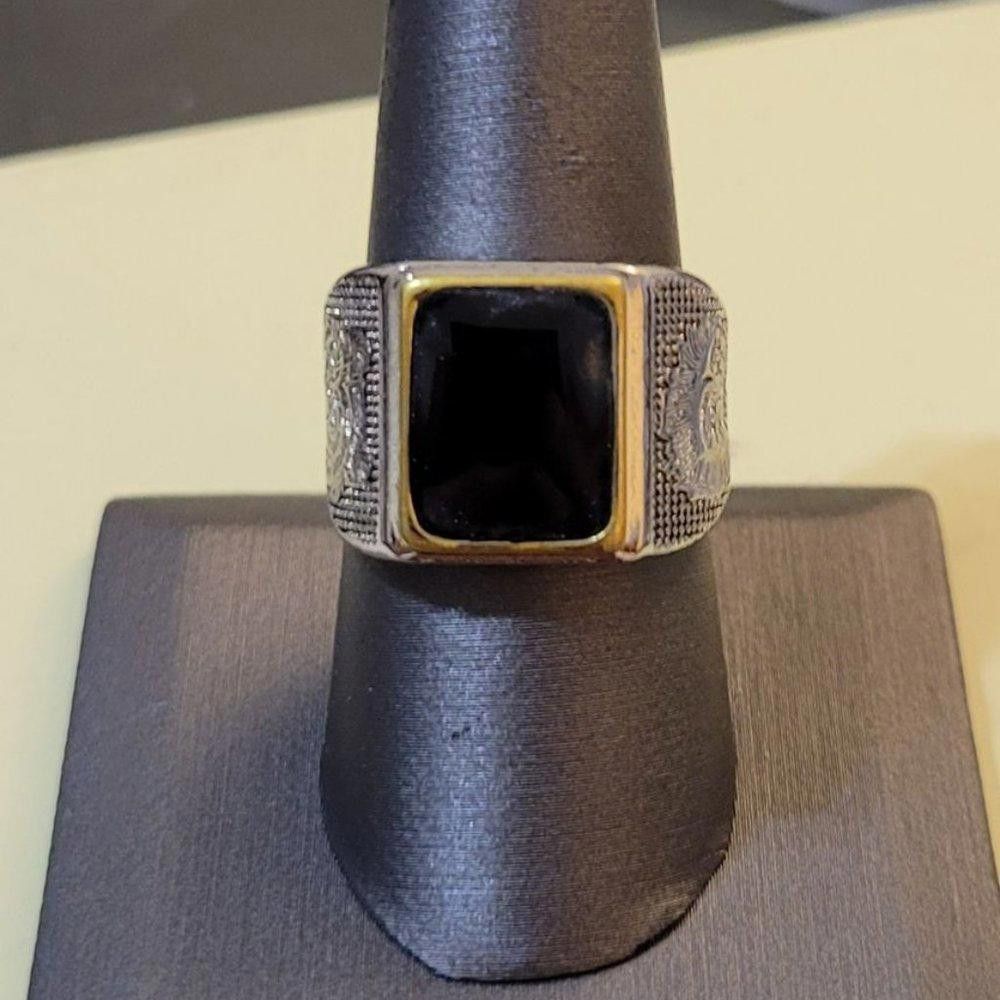 Designer Men's Retro Lion Black Square Onyx Silver Ring - Size 9 Size ONE SIZE - 5 Thumbnail