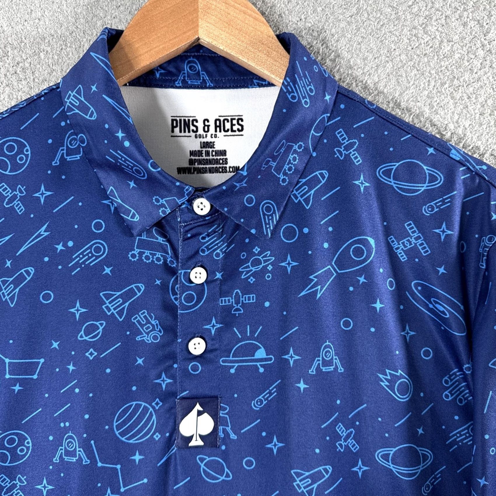 Vintage Pins & Aces NASA Polo Shirt Mens L Blue Space Print Golf Performance Size US L / EU 52-54 / 3 - 6 Thumbnail