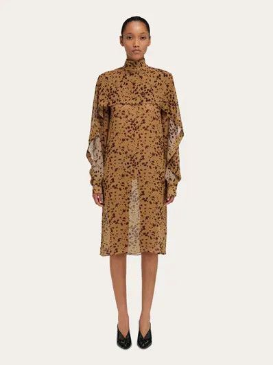 Salvatore Ferragamo o1s1rm0426 Orchid-print Cape Midi Dress in Brown Size L / US 10 / IT 46 - 2 Thumbnail