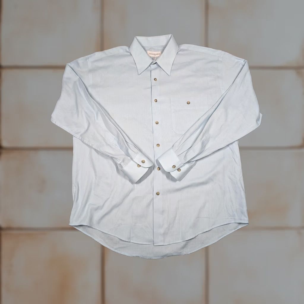 Yves Saint Laurent Yves Saint Laurent Dress Shirt Mens 16.5 34/35 Blue Solid Pocket Long Sleeve Size 42R - 1 Thumbnail