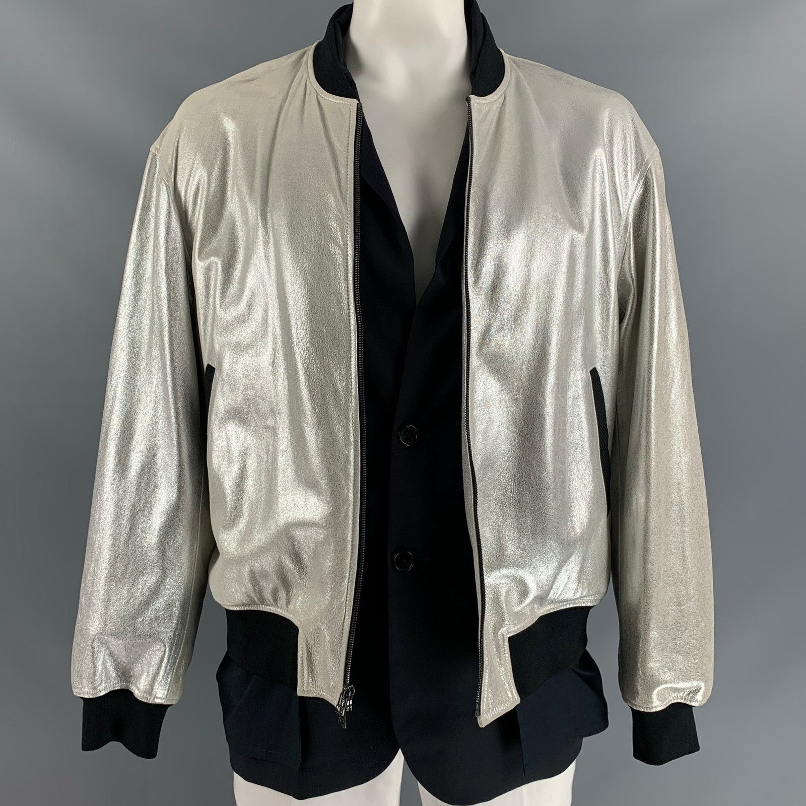 3.1 Phillip Lim 3.1 PHILLIP LIM L Silver Black Mixed Materials Bomber Jacket Size US L / EU 52-54 / 3 - 1 Thumbnail