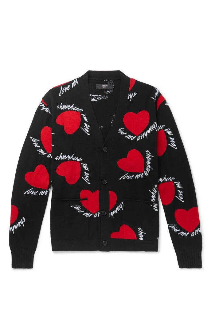 Amiri o1wfsh0625 Cashmere Cardigan with Hearts Print in Black Size US L / EU 52-54 / 3 - 1 Thumbnail