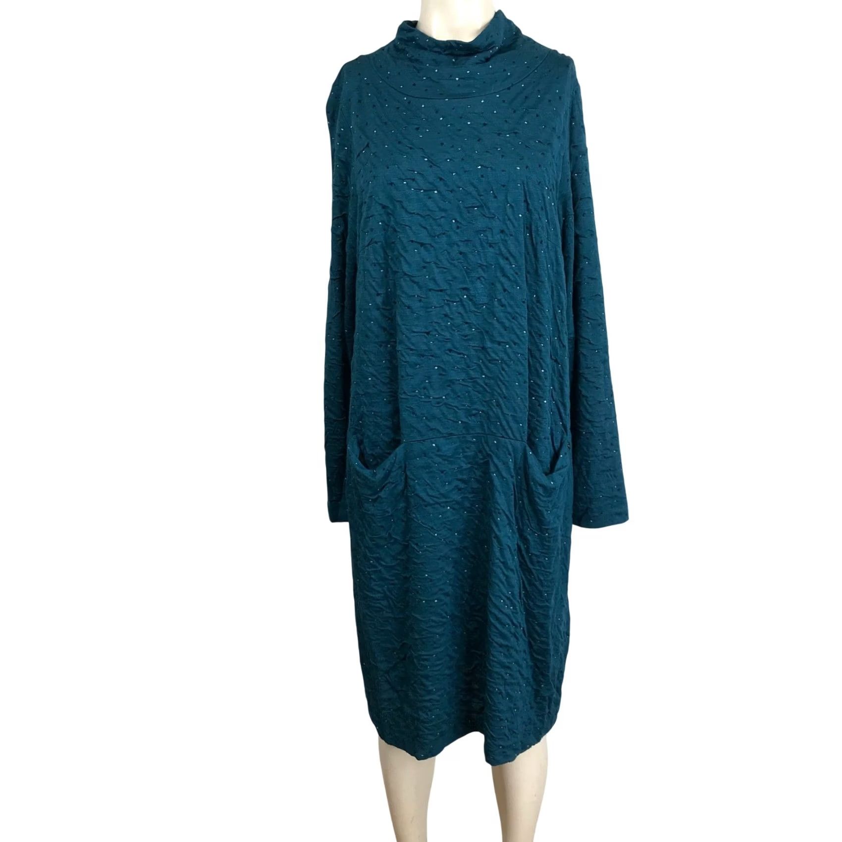 Altea Qneel Midi Dress Teal Textured Mock Neck Long Sleeve Sparkle Accents Women Size L / US 10 / IT 46 - 2 Thumbnail