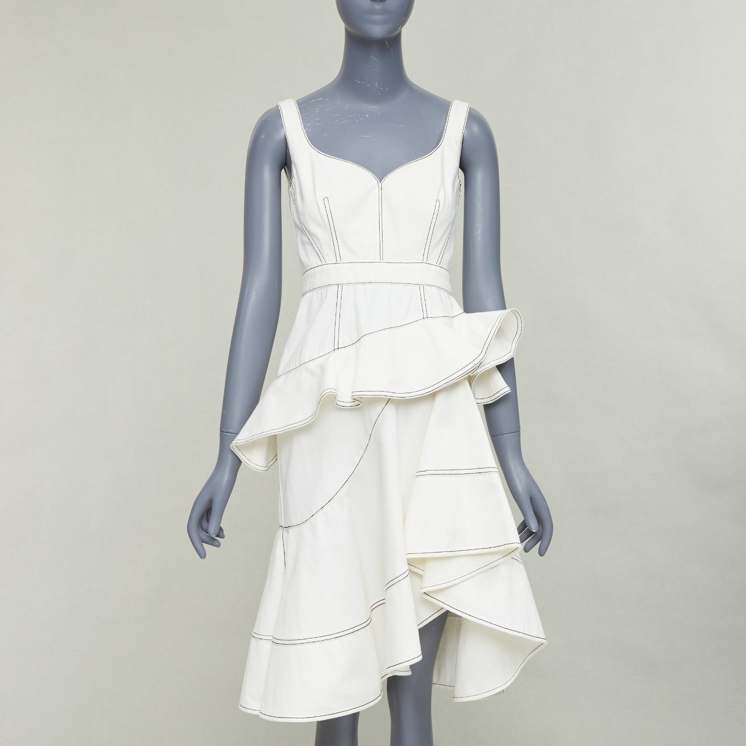 Alexander McQueen ALEXANDER MCQUEEN 2019 cream denim black topstitch ruffle peplum midi dress IT40 M Size S / US 4 / IT 40 - 1 Thumbnail