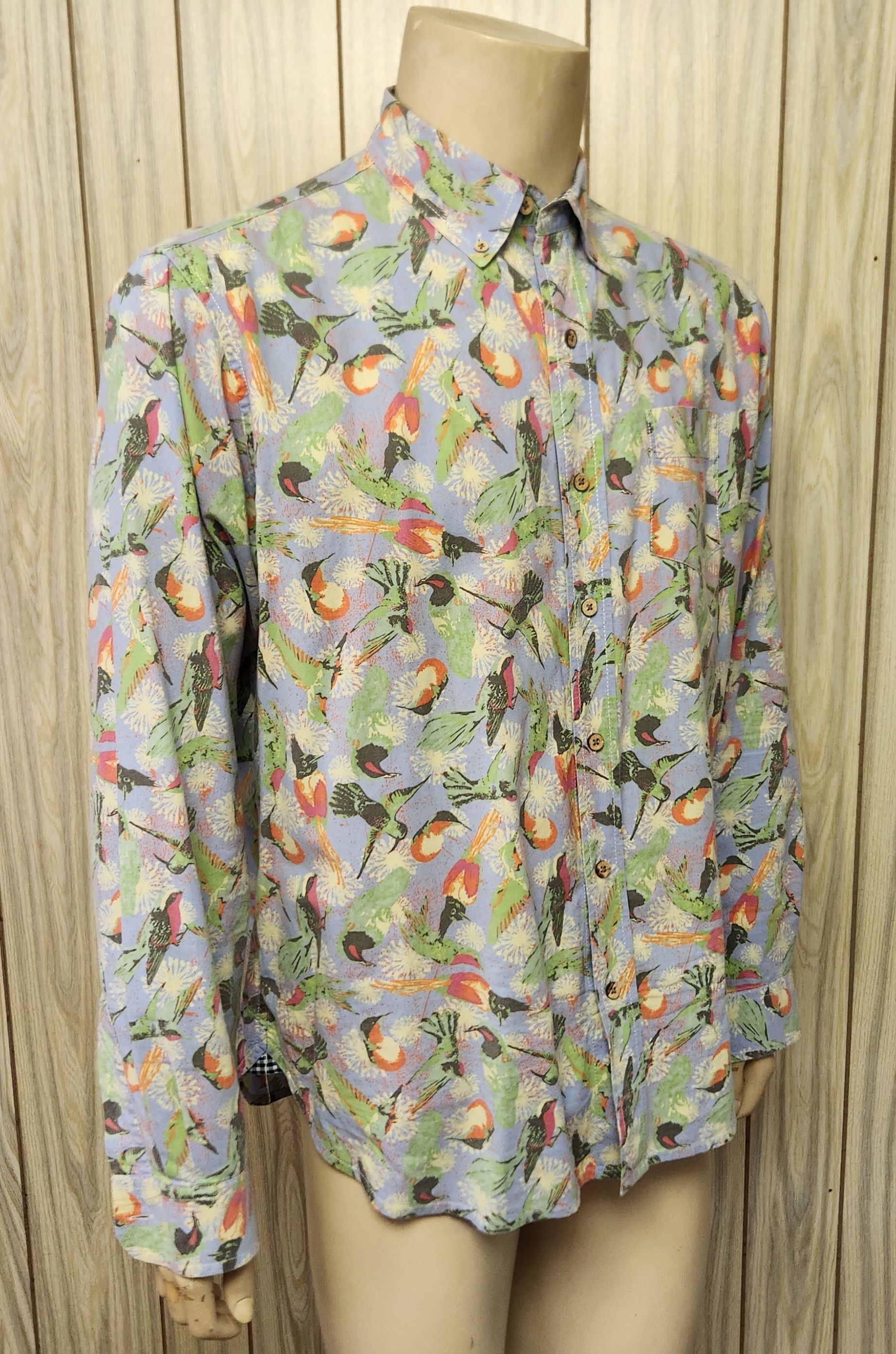 Alan Flusser men's Flusser shirt L blue cotton birds flowers button-down Size US L / EU 52-54 / 3 - 3 Thumbnail