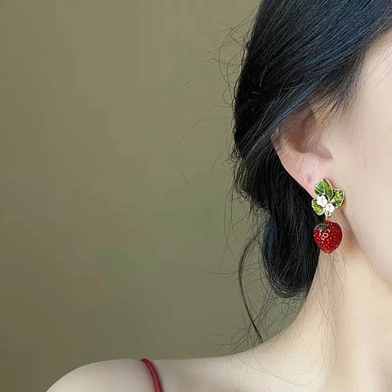 Other Strawberry Drop Earrings–Cute Enamel Fruit Earrings w/ Leaf Size ONE SIZE - 2 Thumbnail