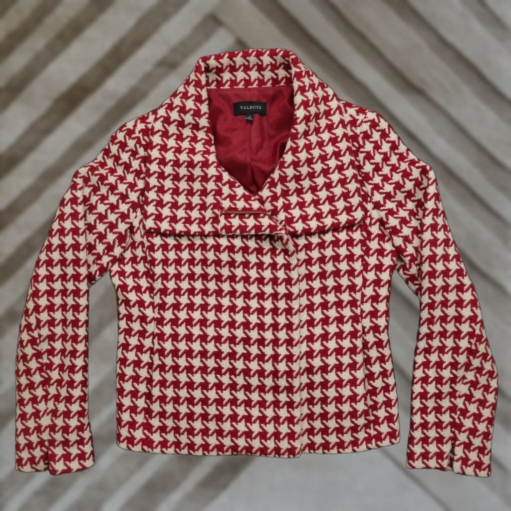 Talbots Jacket Womens 6 Red White Herringbone Woo Blend Motorcycle Asymetical