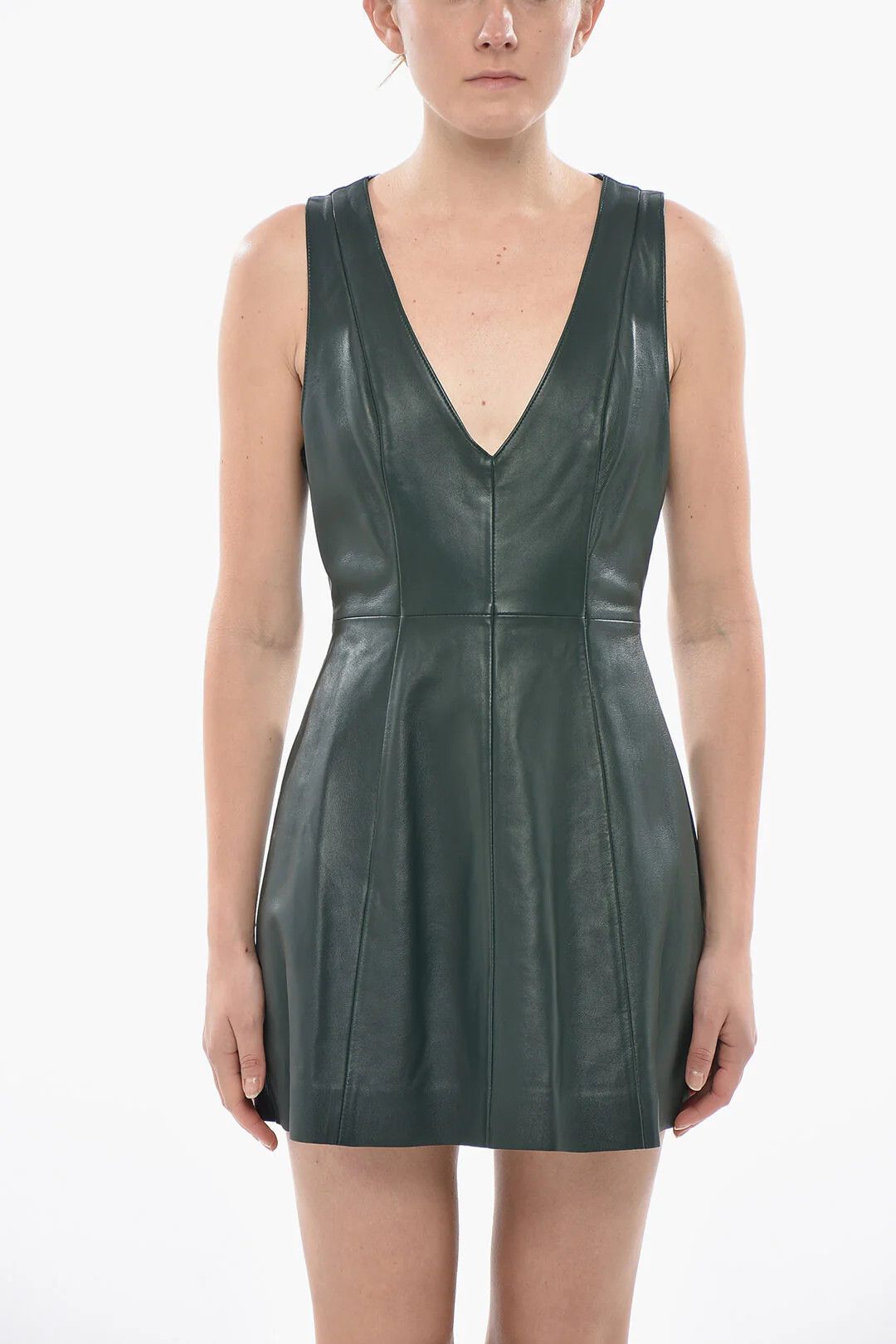 Marni og1mm0326 Flared Leather Mini Dress in Green Size S / US 4 / IT 40 - 4 Thumbnail