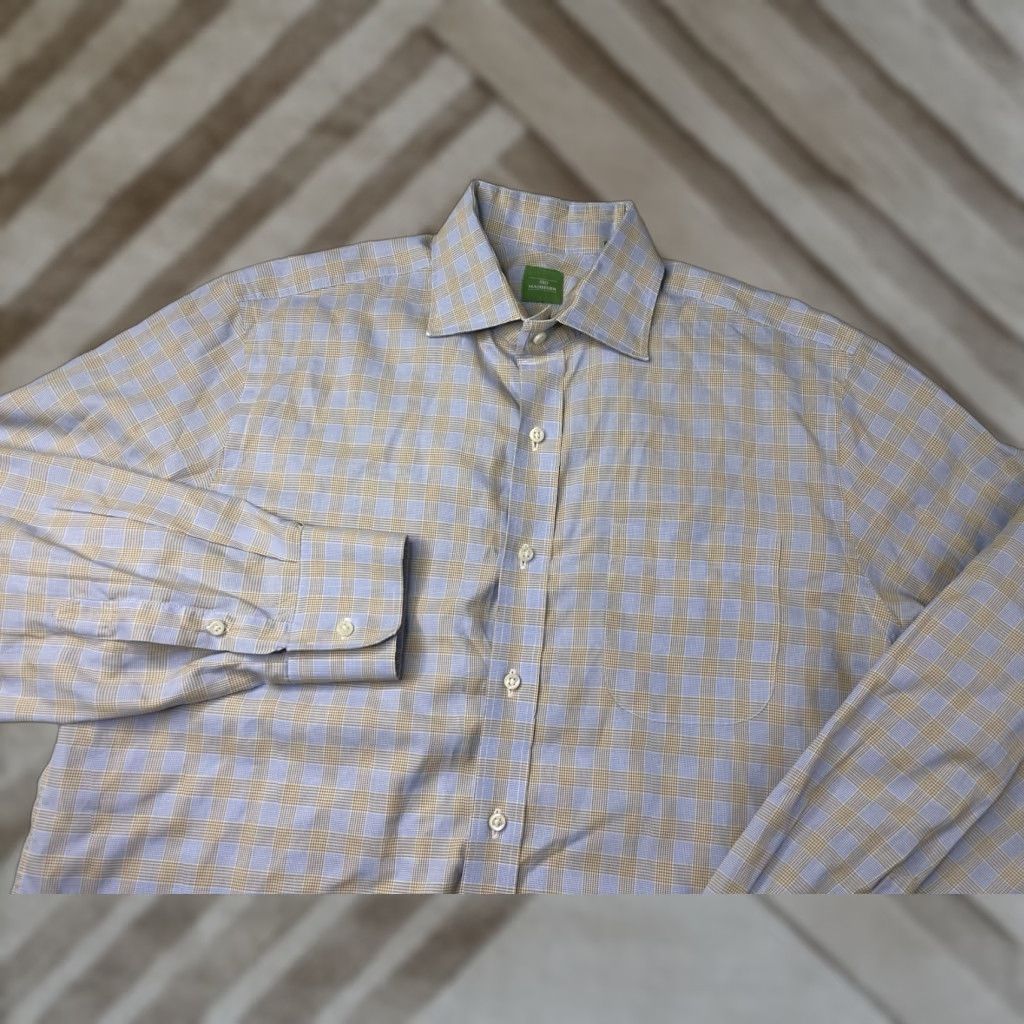 Sid Mashburn Sid Mashburn Dress Shirt Mens 16 35 Blue Yellow Plaid Checks Long Sleeve Cotton Regular Spread Collar Mens Size 42R - 1 Thumbnail