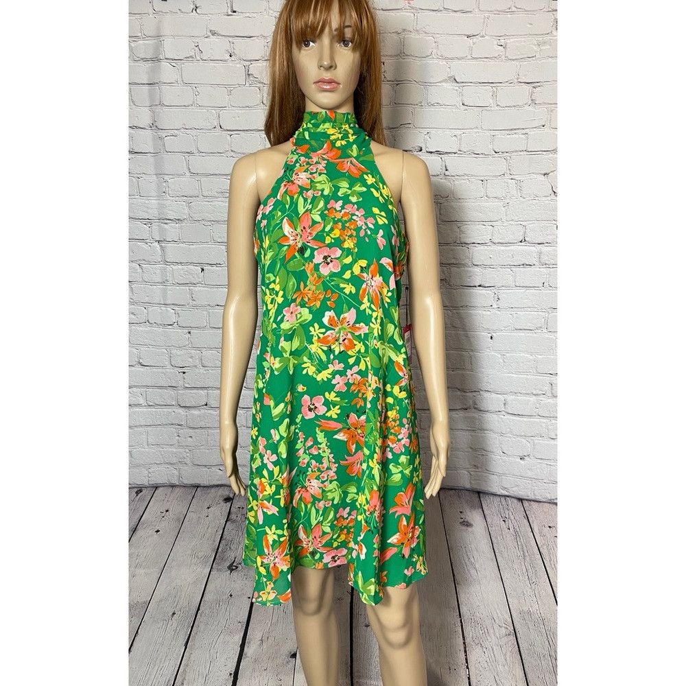 NWT New $128 Vince Camuto Green Floral Neck Tie Mini Dress